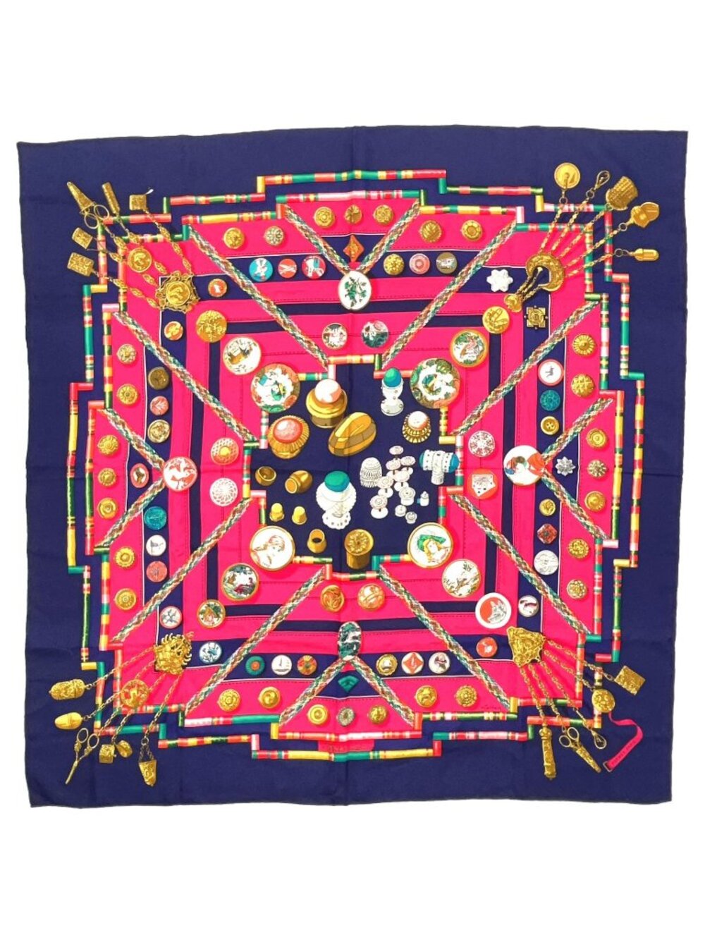 Hermes la Sellerie Carre 90 Silk Navy Pink Scarf